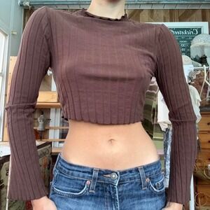 Brown Ribbed Long Sleeve Crop Top Lettuce Edge Mock Neck Small